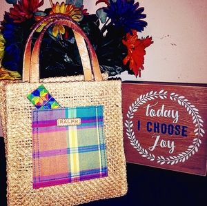 Ralph Lauren NEW Madras Plaid Straw Purse Tote Bag